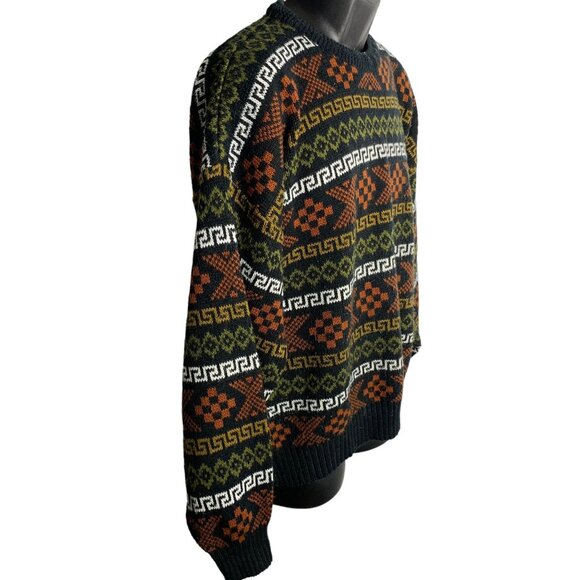 Vintage 90s Pullover Crewneck Sweater XL Black Stretch Knit Geometric Rib Trim - Picture 5 of 6